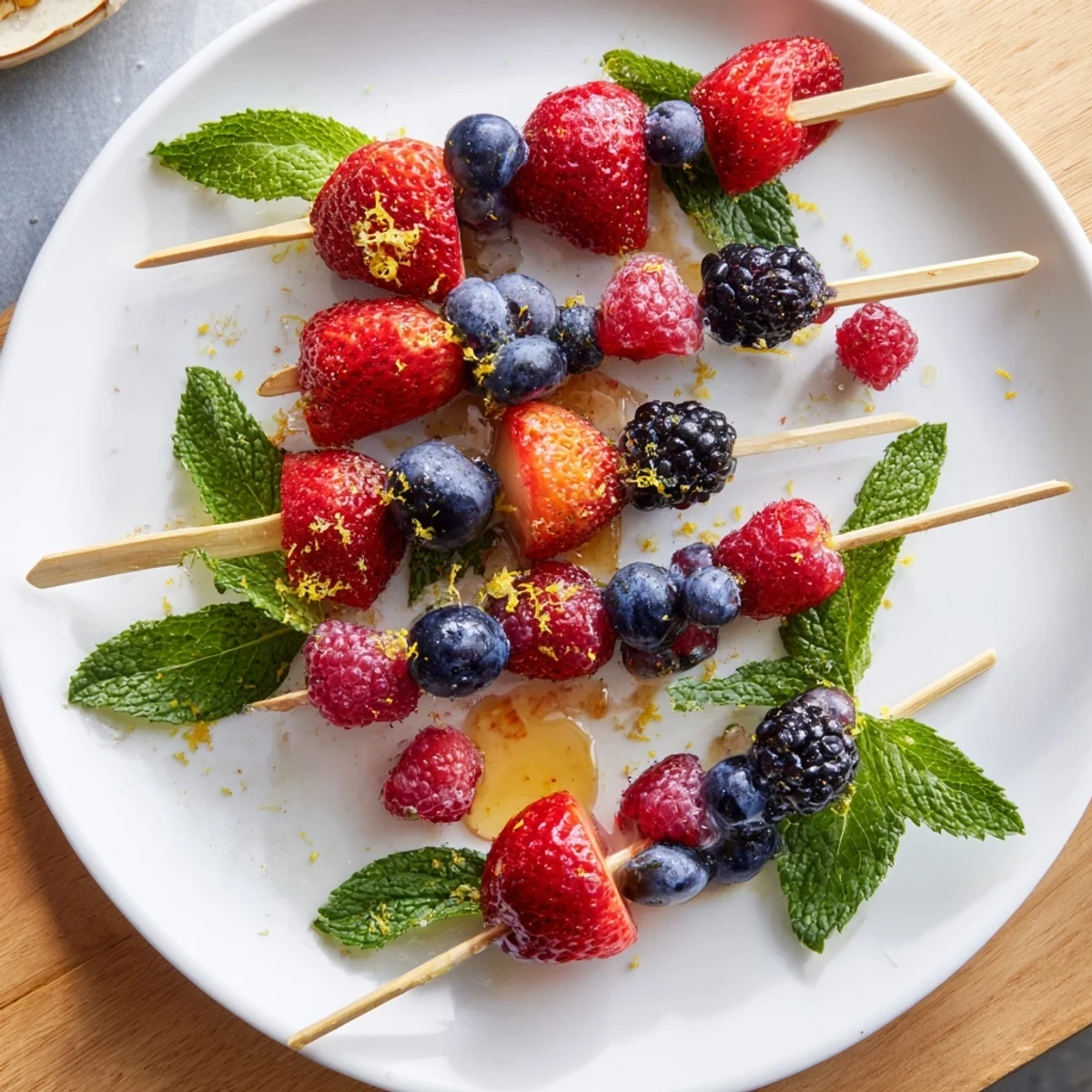 Vibrant red strawberries and plump blueberries grace these easy Berry and Mint Fruit Skewers.