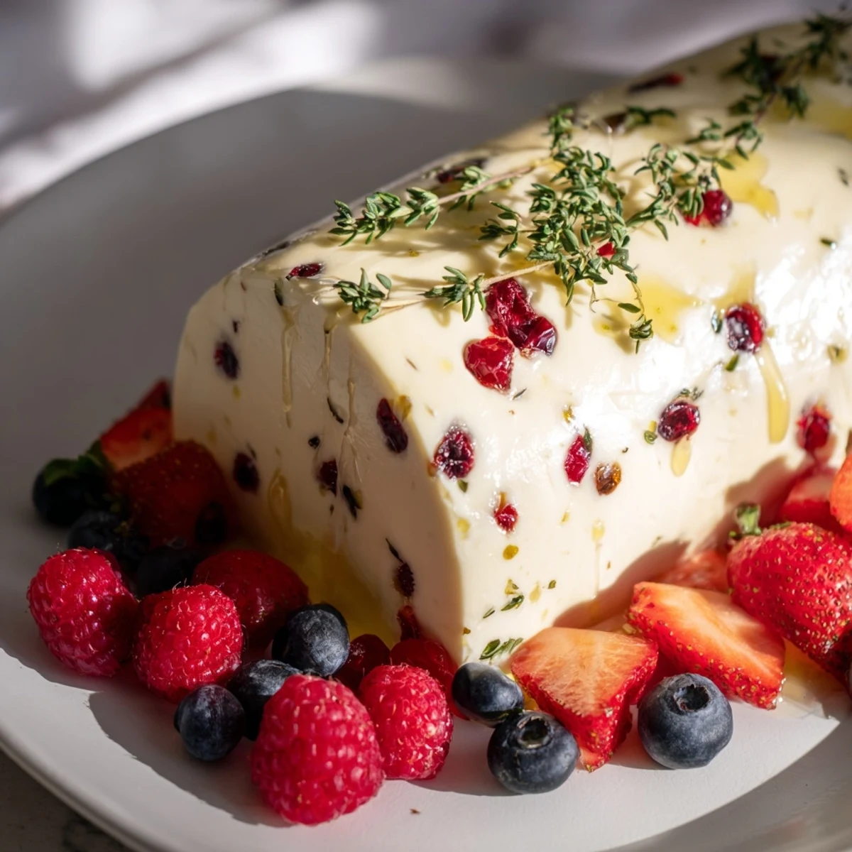 A beautifully presented cranberry & goat cheese log, encircled by fresh, colorful berries for snacking.