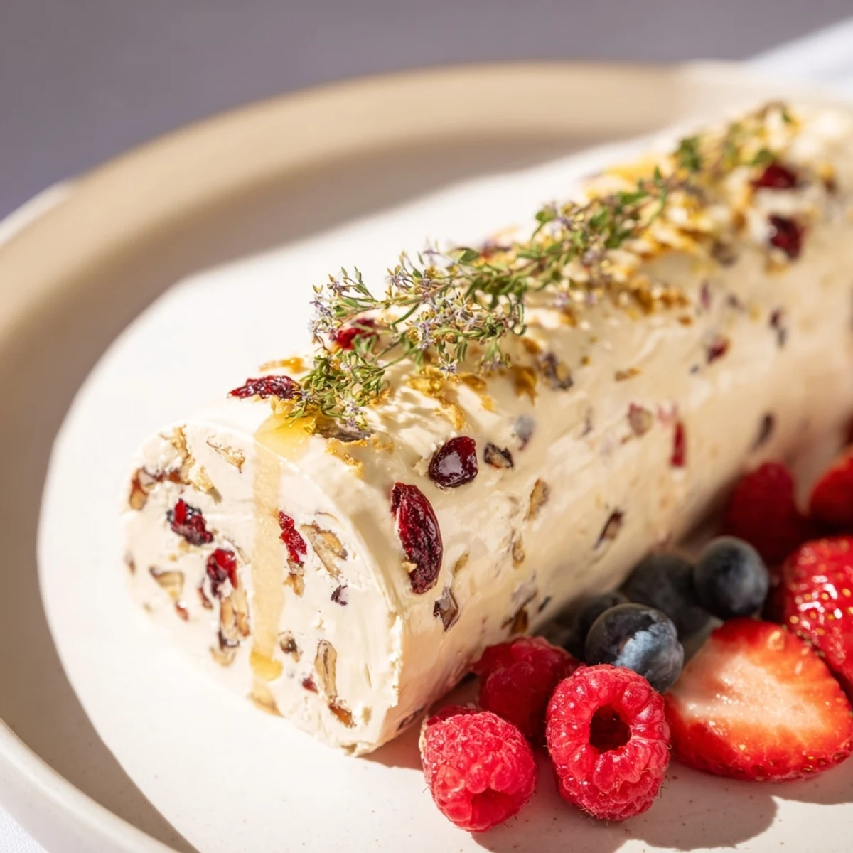 Creamy cranberry and goat cheese log with vibrant berries, a delightful appetizer spread.