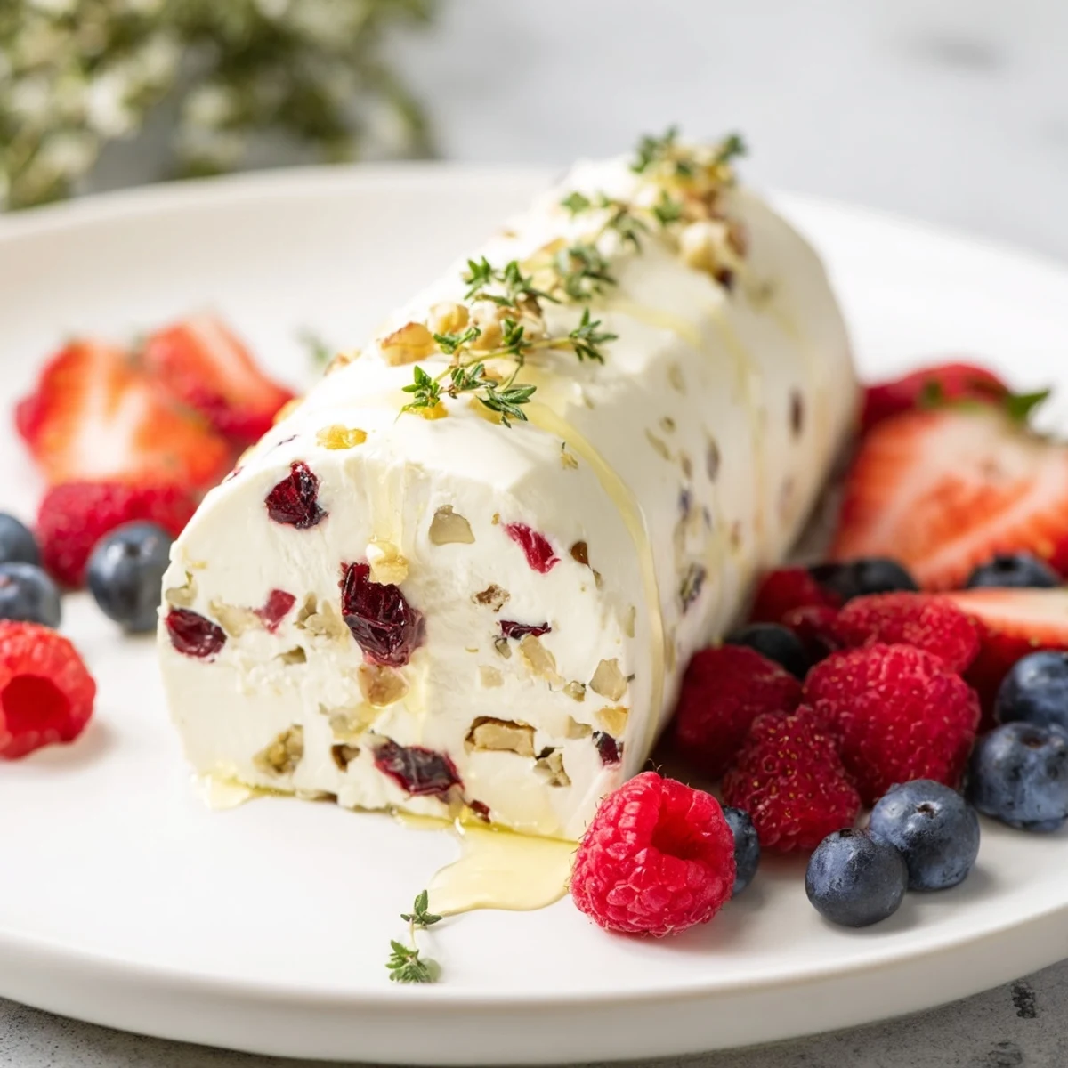 Close-up of a festive cranberry and goat cheese log, ready to be spread on crackers this season.