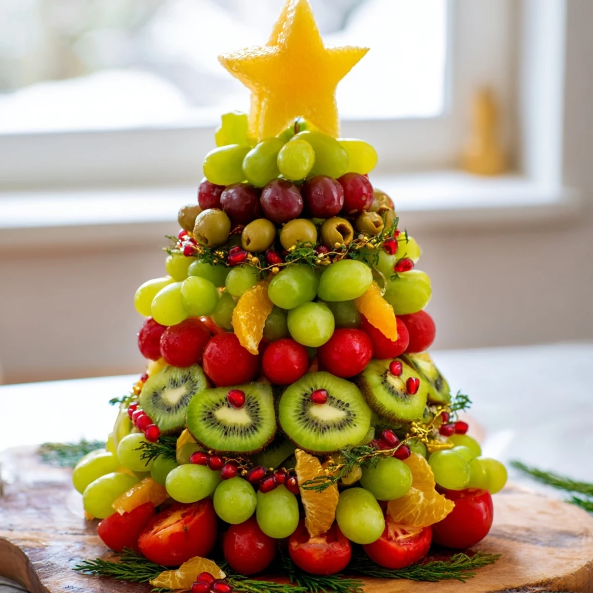 Triangle Board appetizers feature a luscious mix of grapes, a visually stunning Christmas Tree shaped platter ideal for holiday gatherings.