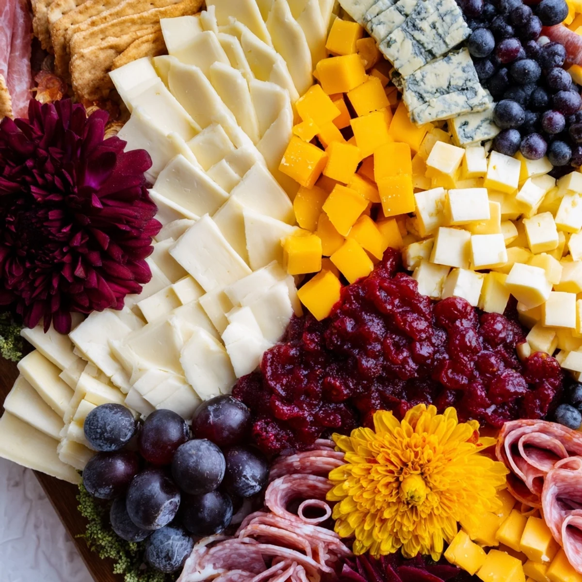 An inviting Nutcracker Suite Board with colorful cheeses, meats, and fruits for grazing, ready to serve.