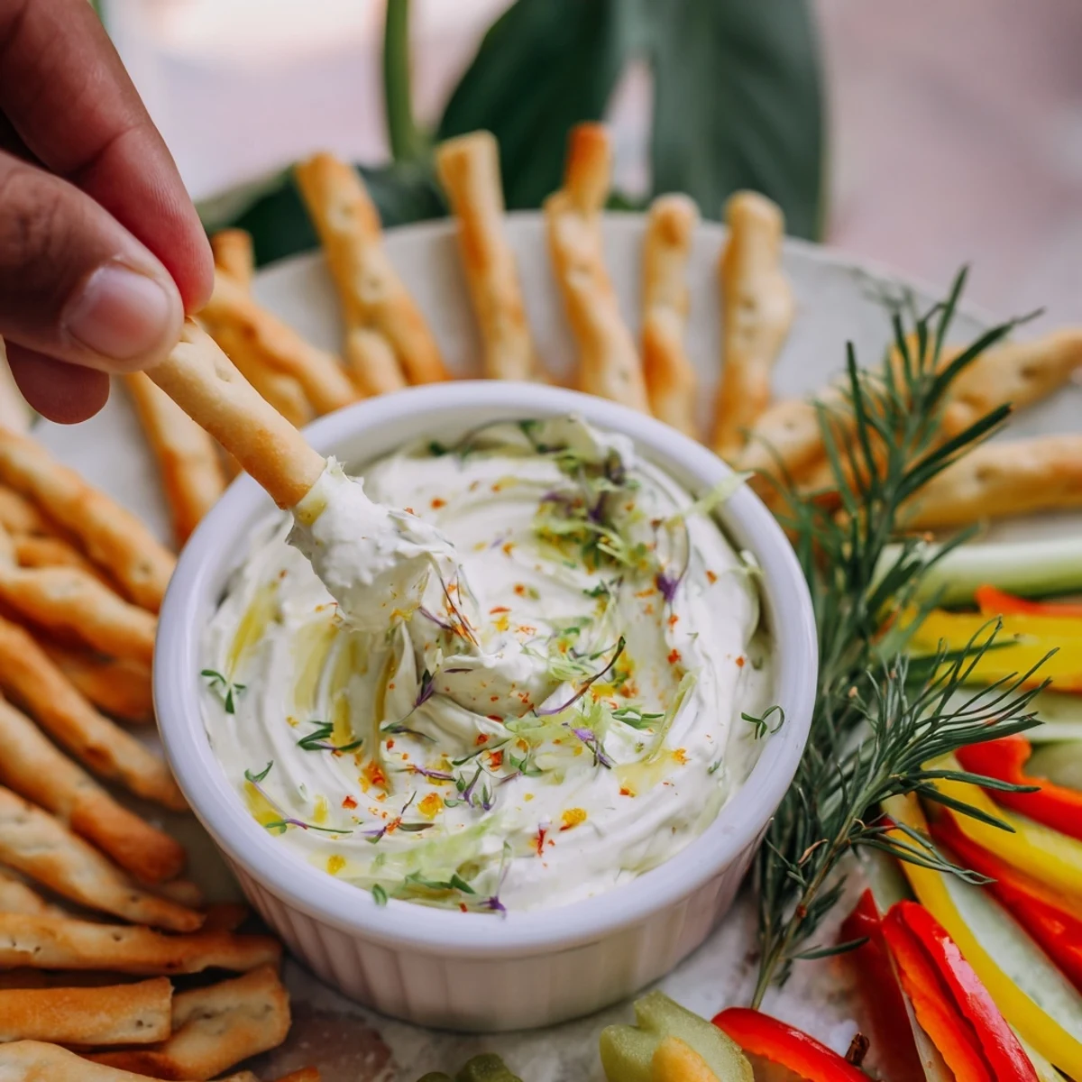 Creamy Reindeer Antler Spread appetizer with colorful veggies and crackers, perfect for holidays.