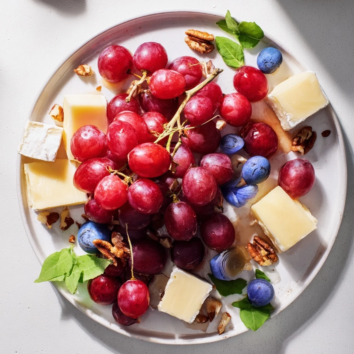 This Holly Berry Cluster appetizer showcases a beautiful arrangement of berries and cheeses, perfect for a holiday party.