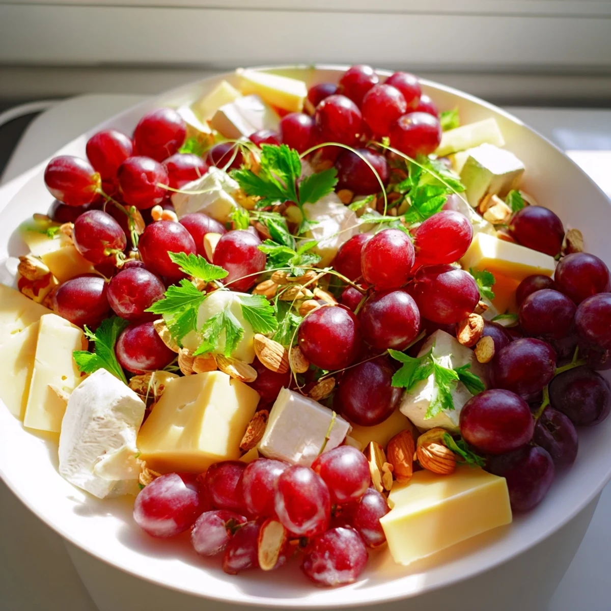 Delightful close-up: A Holly Berry Cluster platter with enticing, colorful fresh ingredients and creamy cheeses.