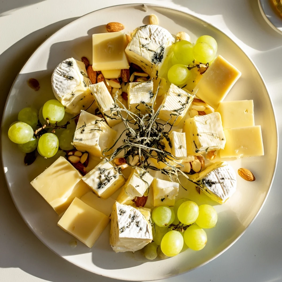 A delicious Winter Wonderland Platter showcases white cheeses, fruits, and crackers perfect for entertaining guests.