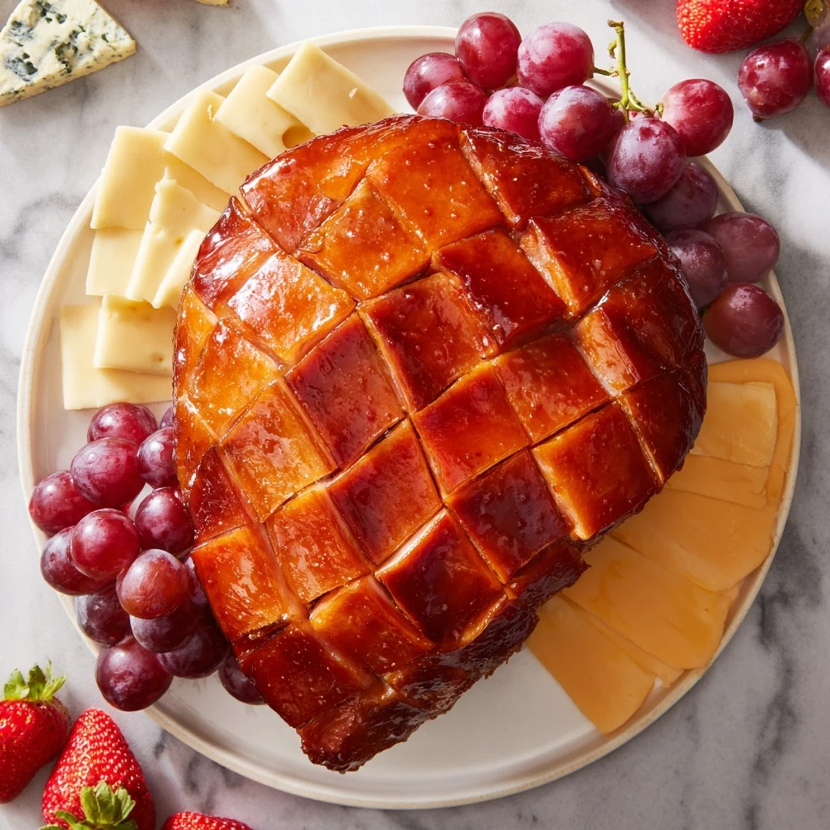 Sweet and savory glazed ham centerpiece board, with glistening ham surrounded by colorful cheeses and fruits.