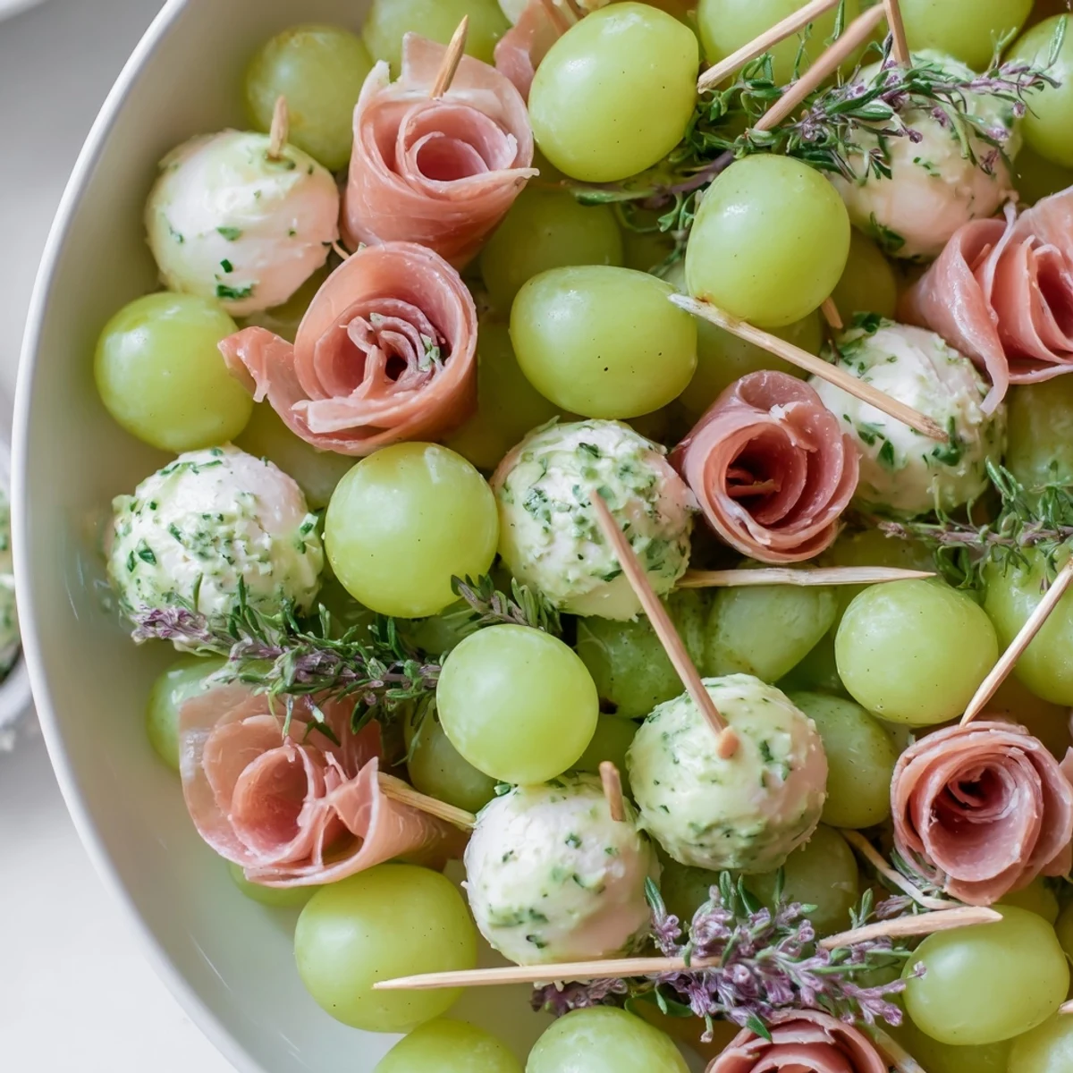 Vibrant Mistletoe Kissing Ball appetizer with creamy cheese, fresh herbed grapes, and savory prosciutto.