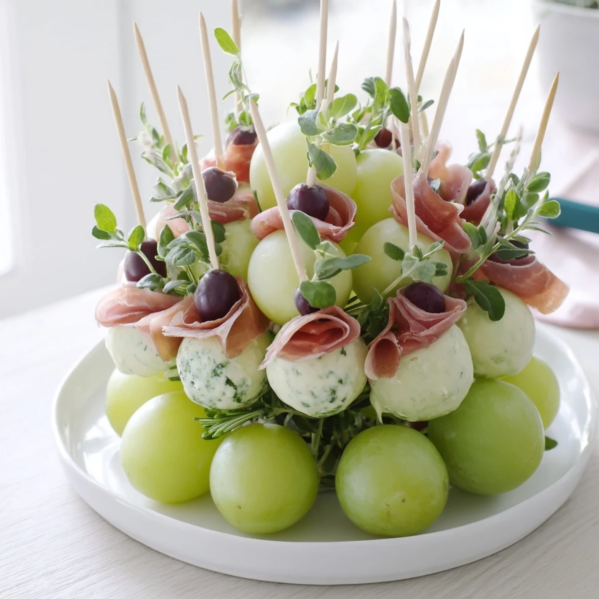 Beautiful, round Mistletoe Kissing Ball, a holiday appetizer featuring cheese, grapes, and prosciutto.