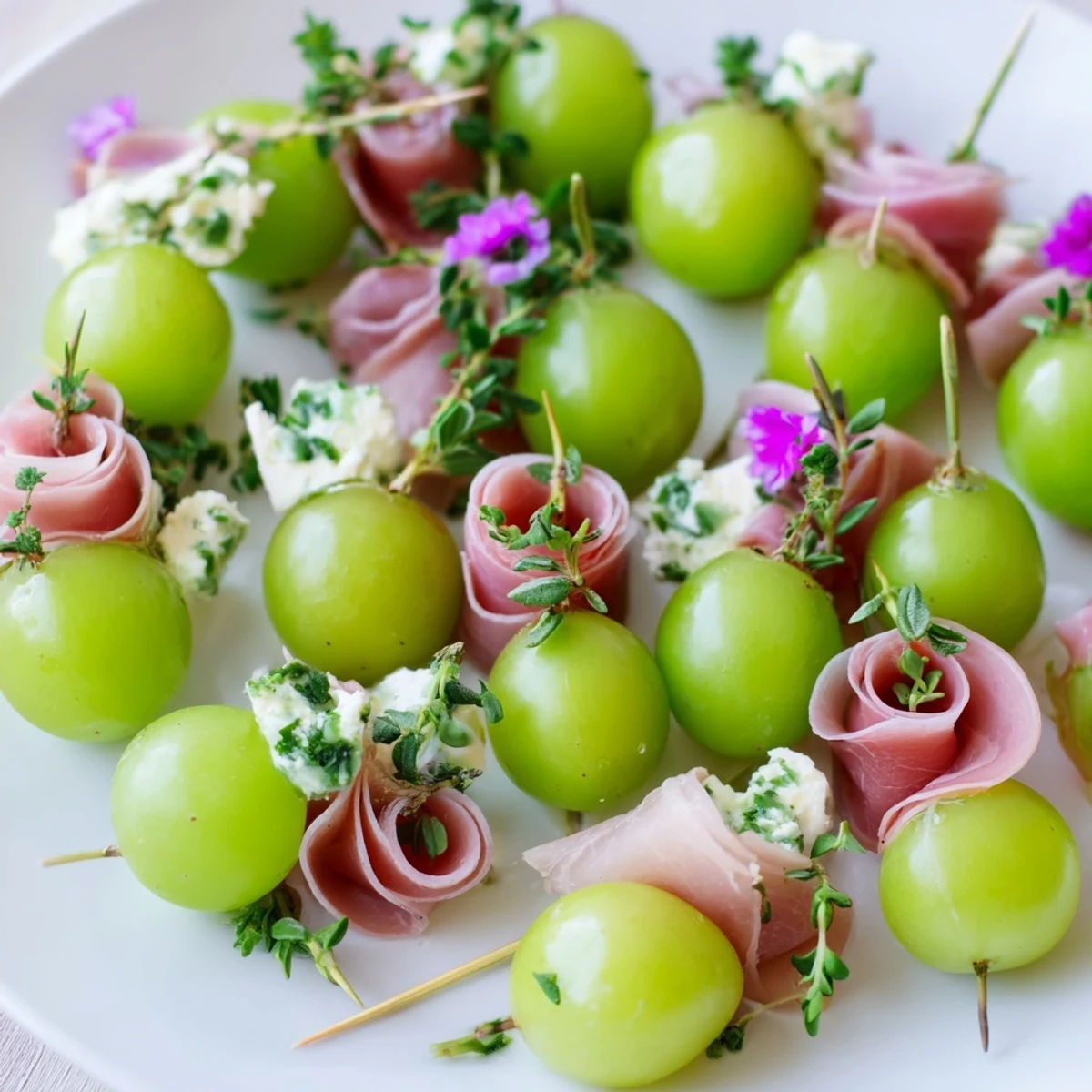 A close-up of the elegant Mistletoe Kissing Ball, ready-to-serve with fresh herbs and cheese bites.
