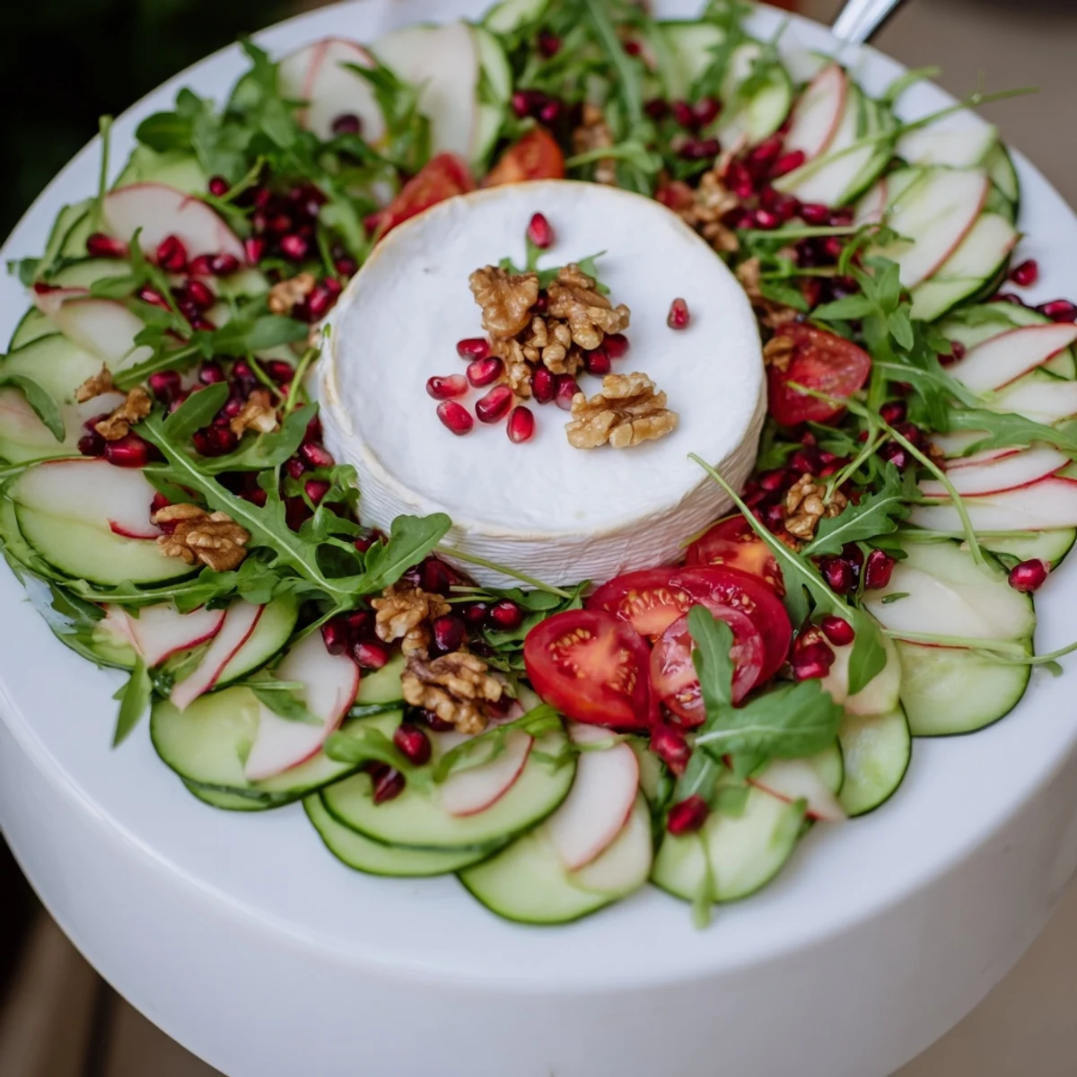 Drizzled dressing over the Zenith Point salad, featuring an artisanal cheese wheel centerpiece.