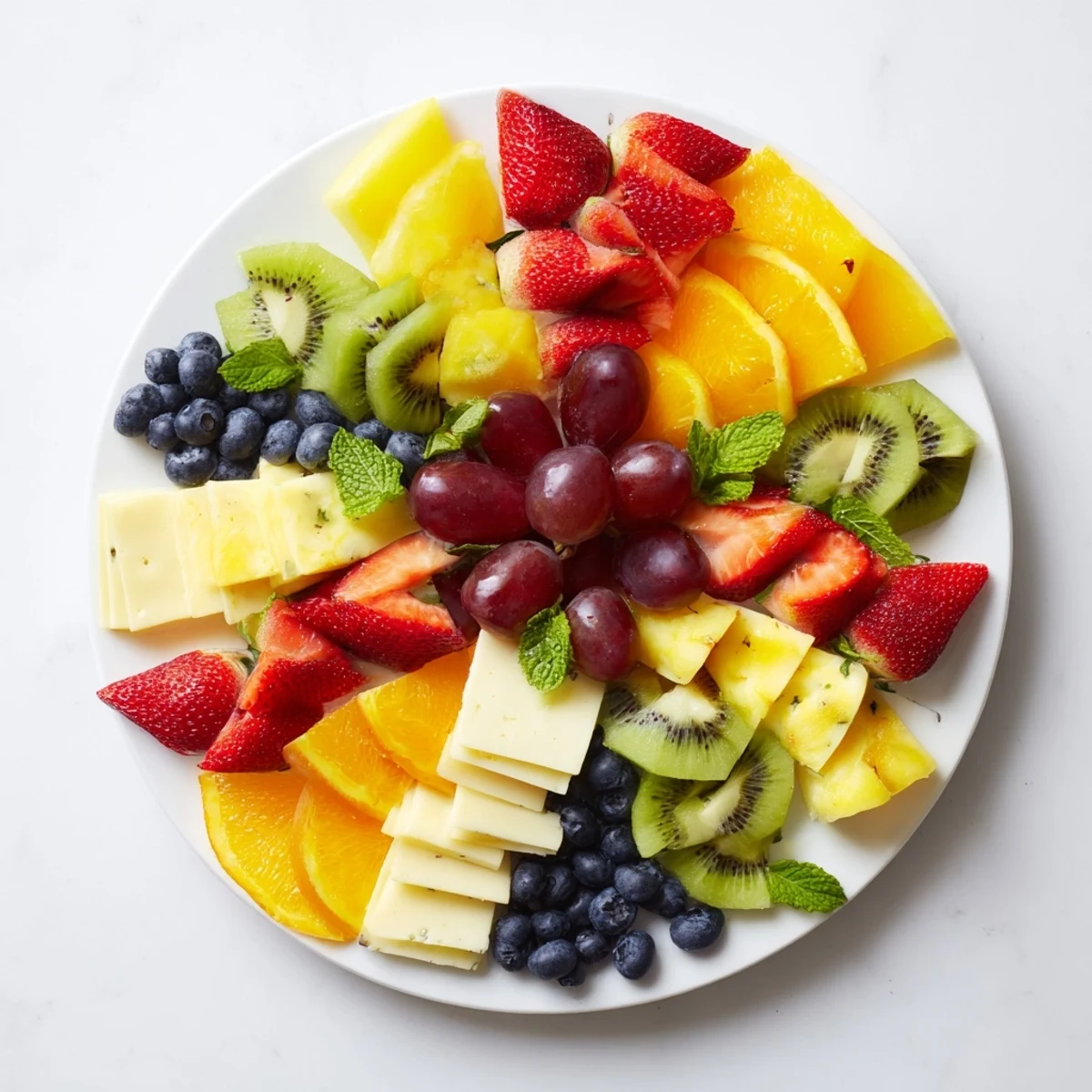 Vibrant kaleidoscope circle platter of fresh fruit and cheese, a delicious appetizer ready to serve.