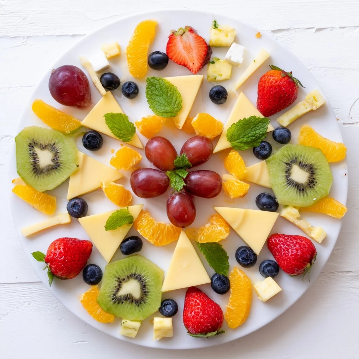 Colorful kaleidoscope circle appetizer: a beautiful arrangement of fruit and cheese wedges, perfect for guests.