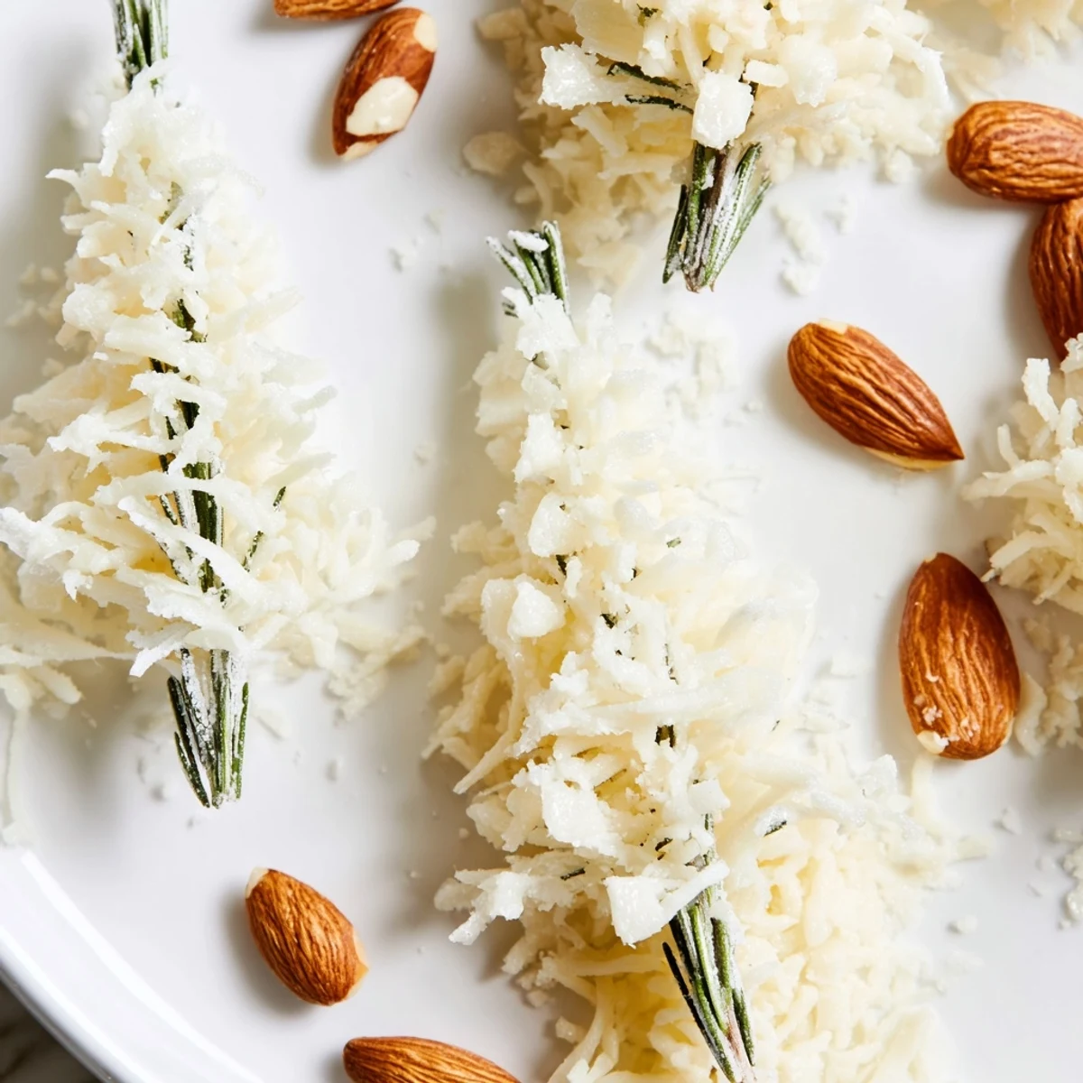 A festive The Frosted Pine appetizer cheese board presentation of "frosted pines" amidst snowy cheddar and almond pinecones.