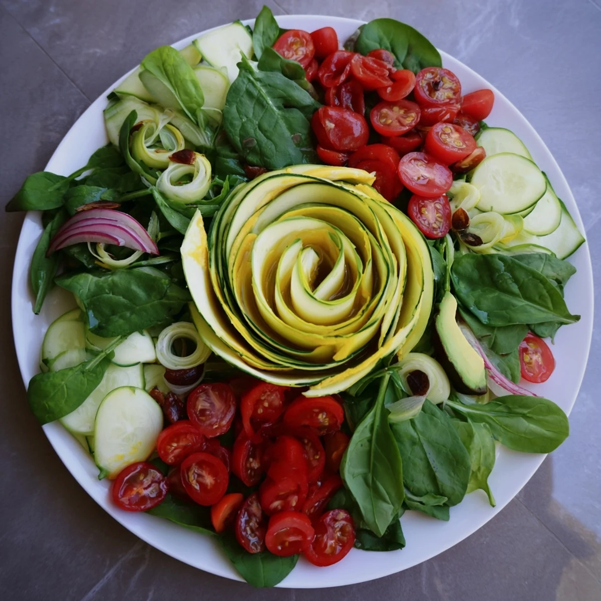 Close-up view of the prepared Fibonacci Fan Salad, illustrating the fresh, balanced flavors in a stunning creation.