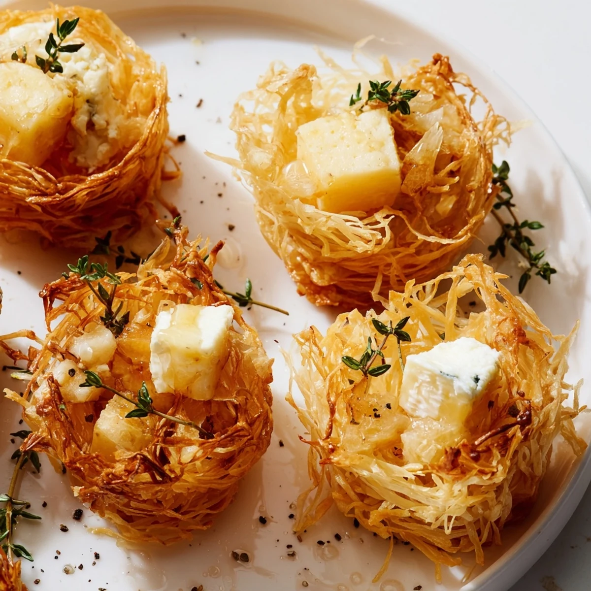 Golden, crispy phyllo nests holding rustic farmhouse cheeses, a delightful Rustic Barnyard appetizer.