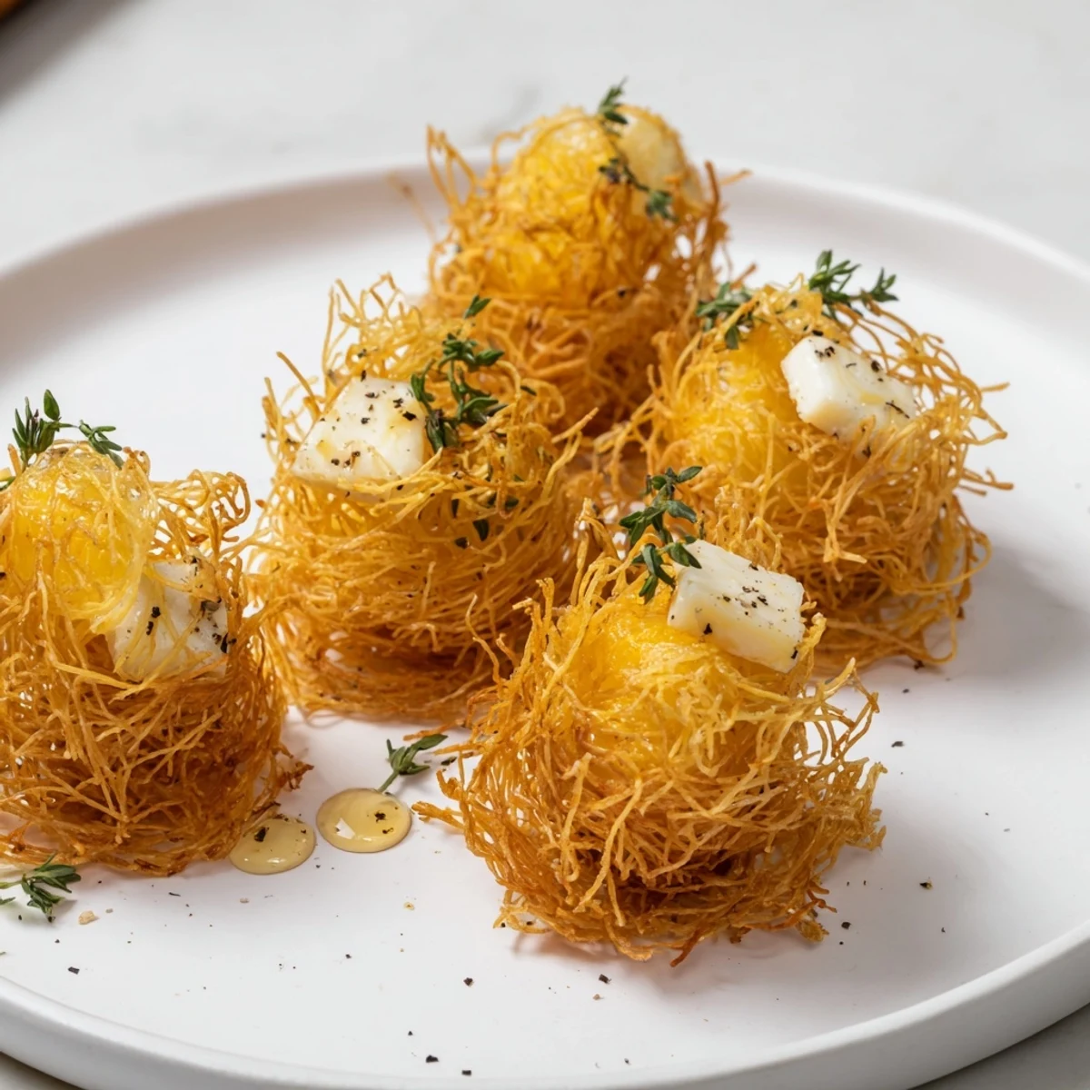 The Rustic Barnyard appetizer features golden phyllo hay and assorted rustic farmhouse cheeses, ready to be enjoyed.