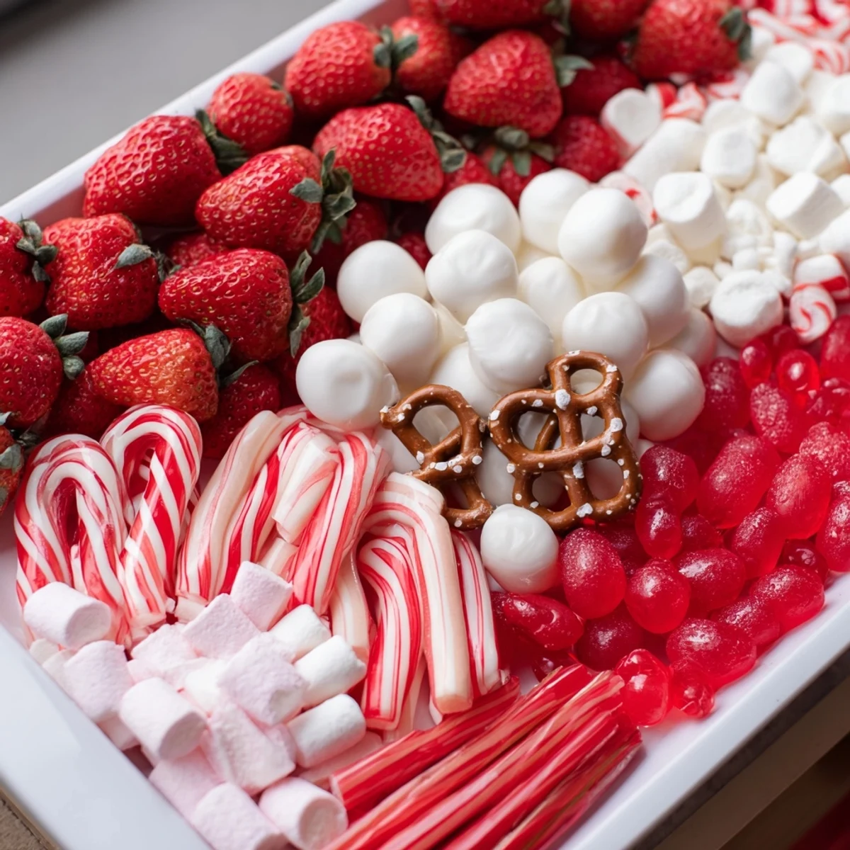 A beautifully arranged sweet board showcasing the festive red and white candy stripe treats, ready to be enjoyed.