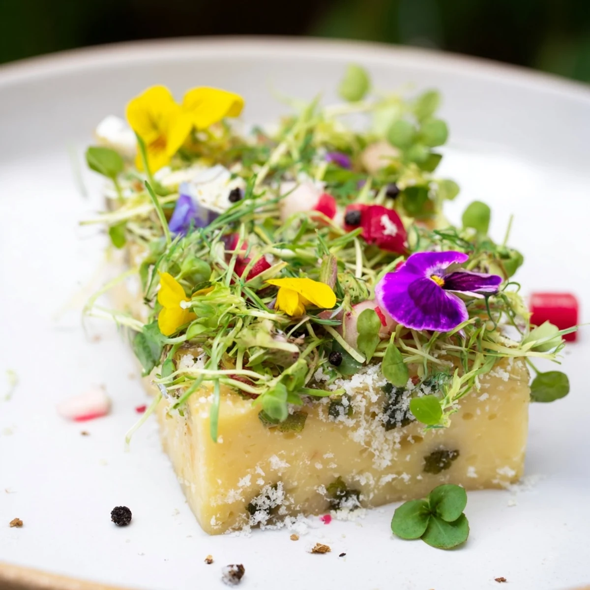 A vibrant photo showcases The Secret Garden appetizer, featuring cheese cubes hidden beneath edible flowers.