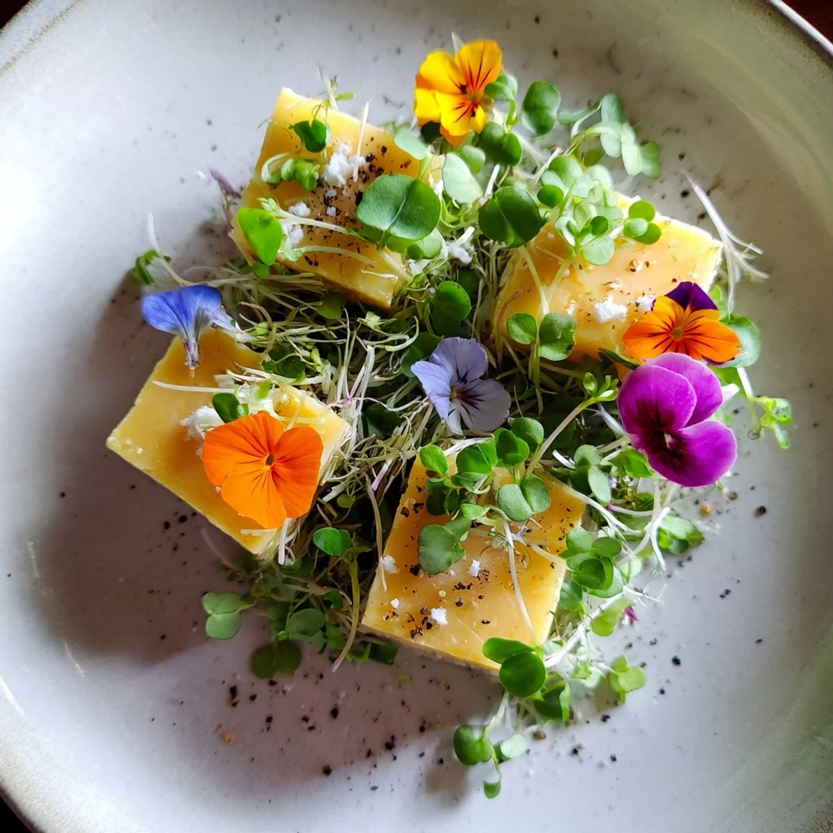 Colorful edible flowers and microgreens create a whimsical display for The Secret Garden cheese appetizer.