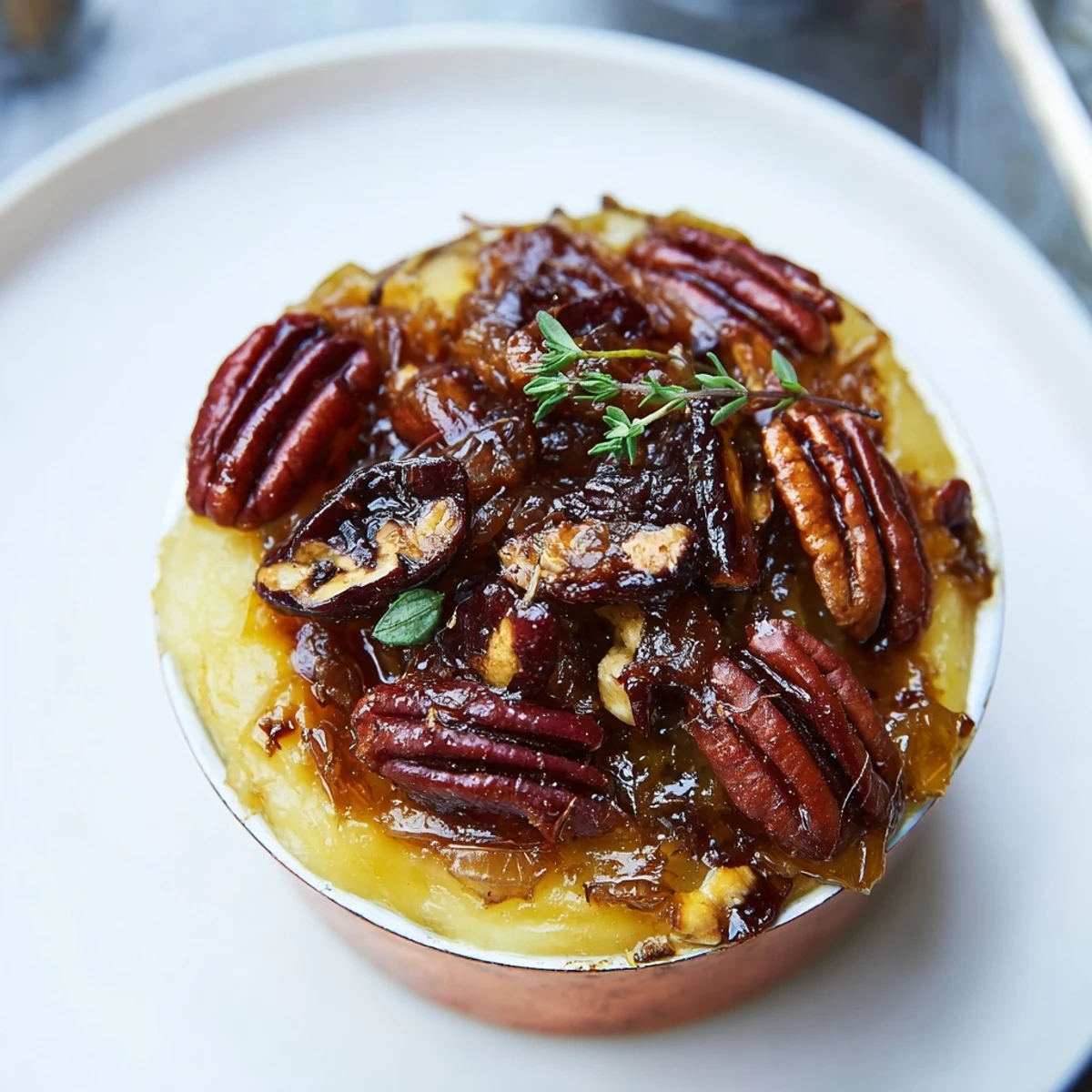 Golden, caramelized "Copper Kettle" appetizer in copper ramekins, topped with pecans and dates.
