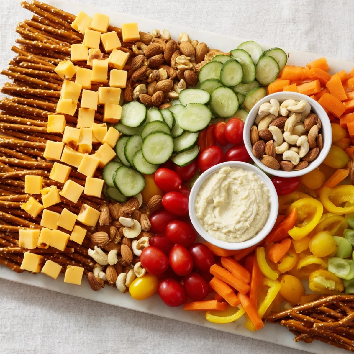 An "Urban Grid" snack platter with pretzel streets, cheese blocks, and colorful veggie buildings, ready to eat.