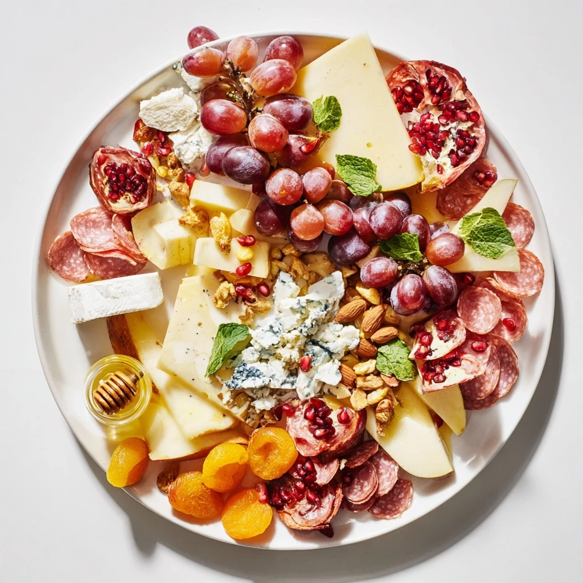 A beautiful cheese board — the Pomegranate Jewel Cascade — overflowing with textures and flavors for any party.
