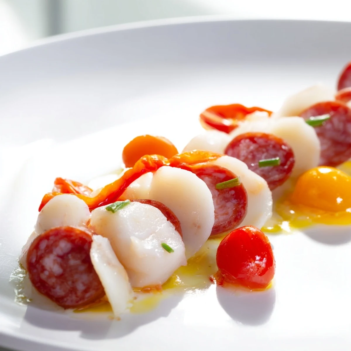 Vibrant "Crimson Tide" appetizer: chorizo, cherries, and peppers artfully arranged on crackers.