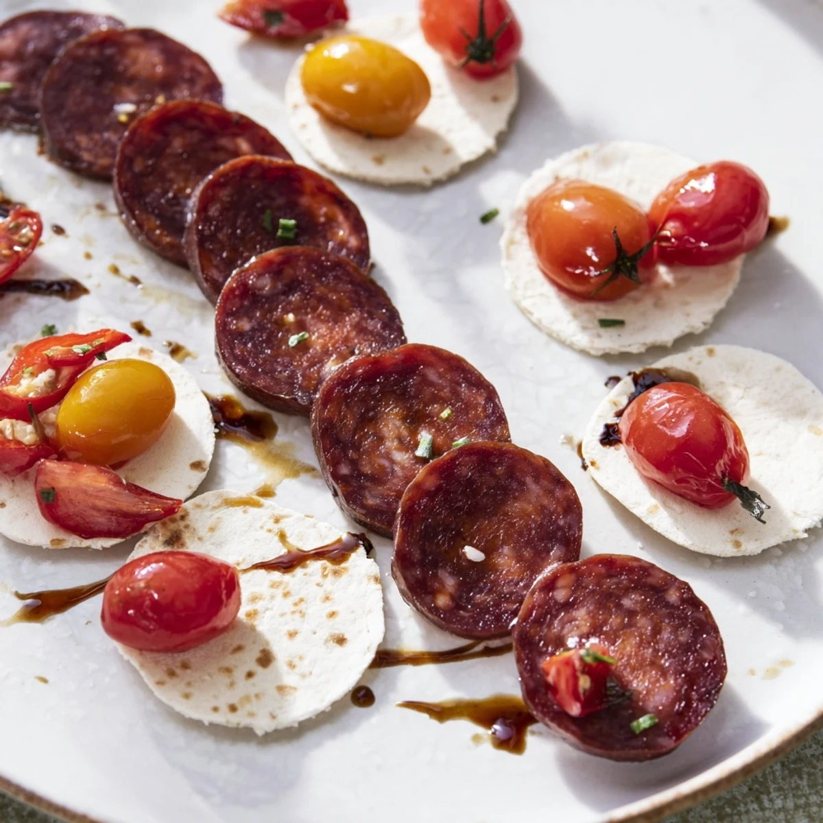 A beautiful "Crimson Tide" appetizer showcasing spicy chorizo and sweet cherries offering a rich culinary experience.