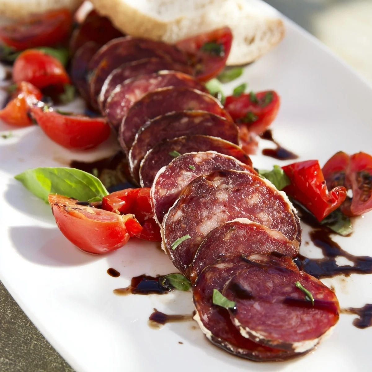 Imagine the "Crimson Tide": this flavorful creation presents red bell peppers, crackers and chorizo slices.