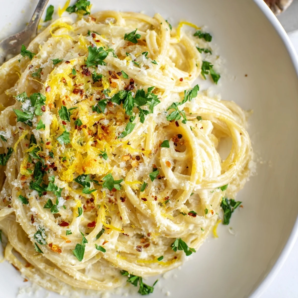 Creamy Lemon-Garlic Greek Yogurt Pasta, ready to eat, with fresh parsley and lemon slices.