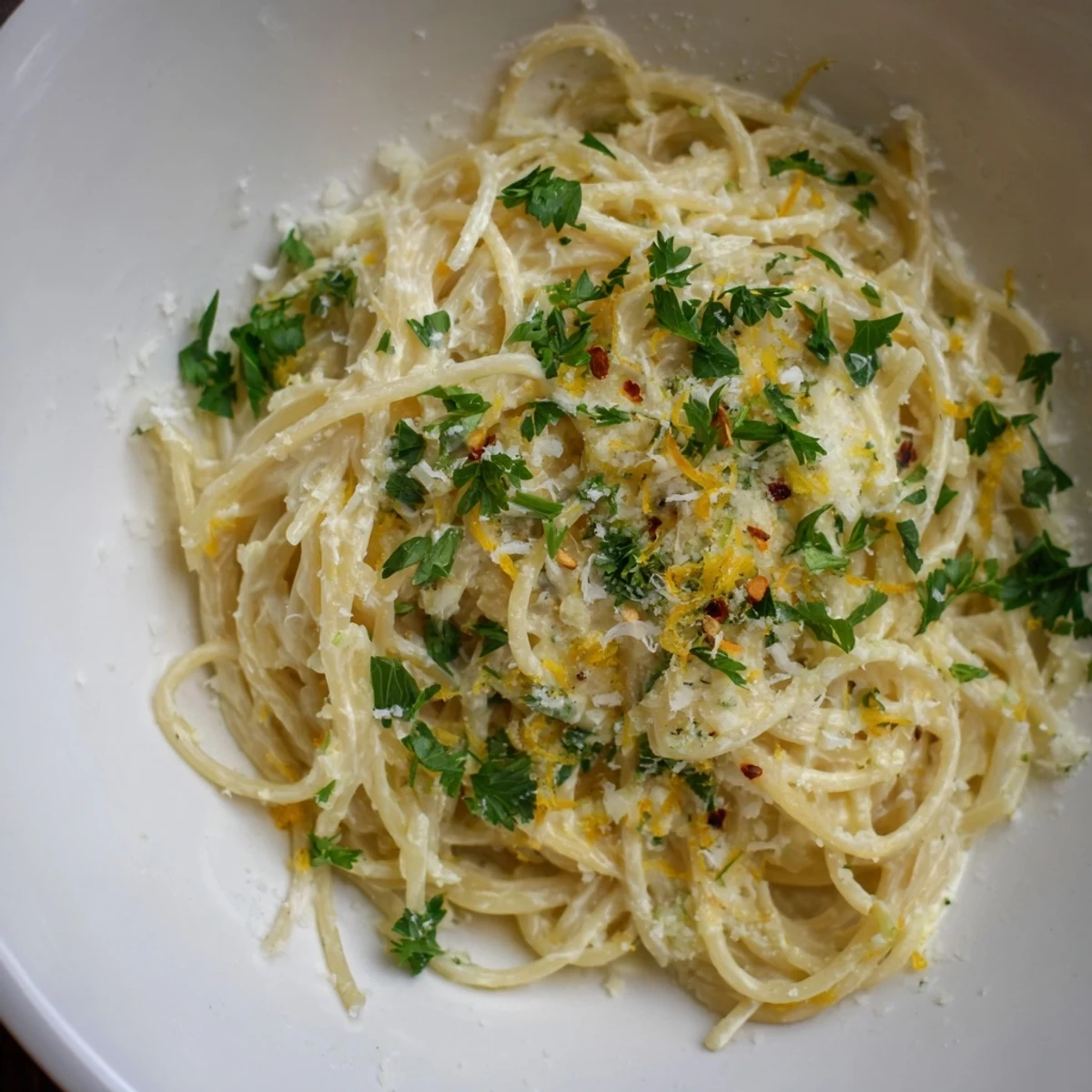 This bright Lemon-Garlic Greek Yogurt Pasta shows perfectly twirled spaghetti, tossed in a creamy sauce.