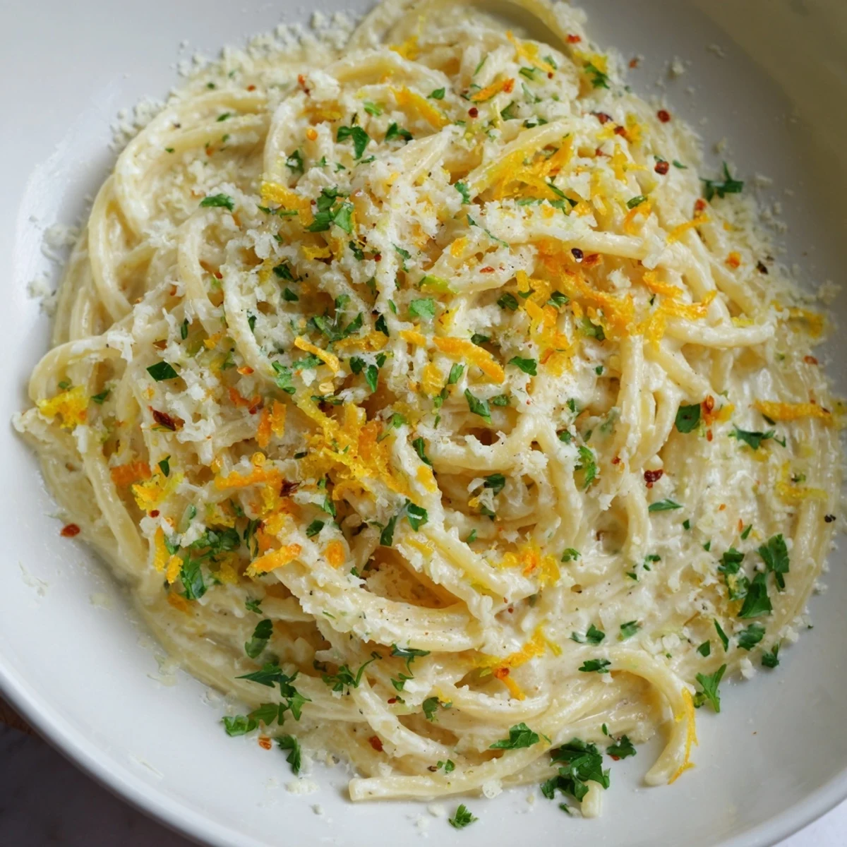 A bowl of fresh Lemon-Garlic Greek Yogurt Pasta with parmesan, ready for a comforting and quick meal.
