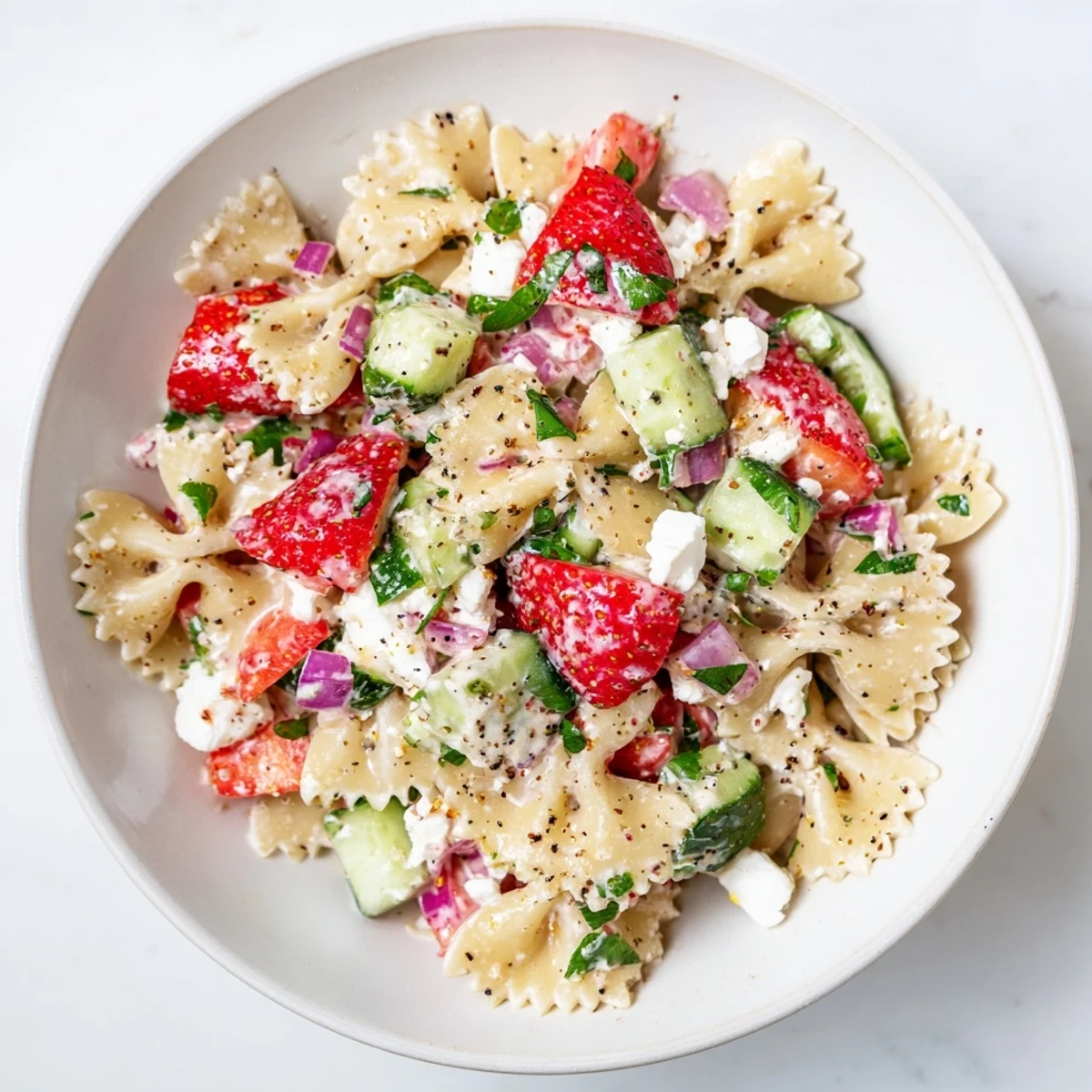 Strawberry Feta Pasta salad, a vibrant mix showing sweet strawberries and crumbled feta cheese with herbs.