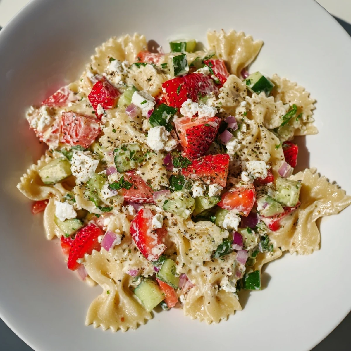 Chilled Strawberry Feta Pasta salad, a delicious, light vegetarian dish, perfect for picnics and light meals.