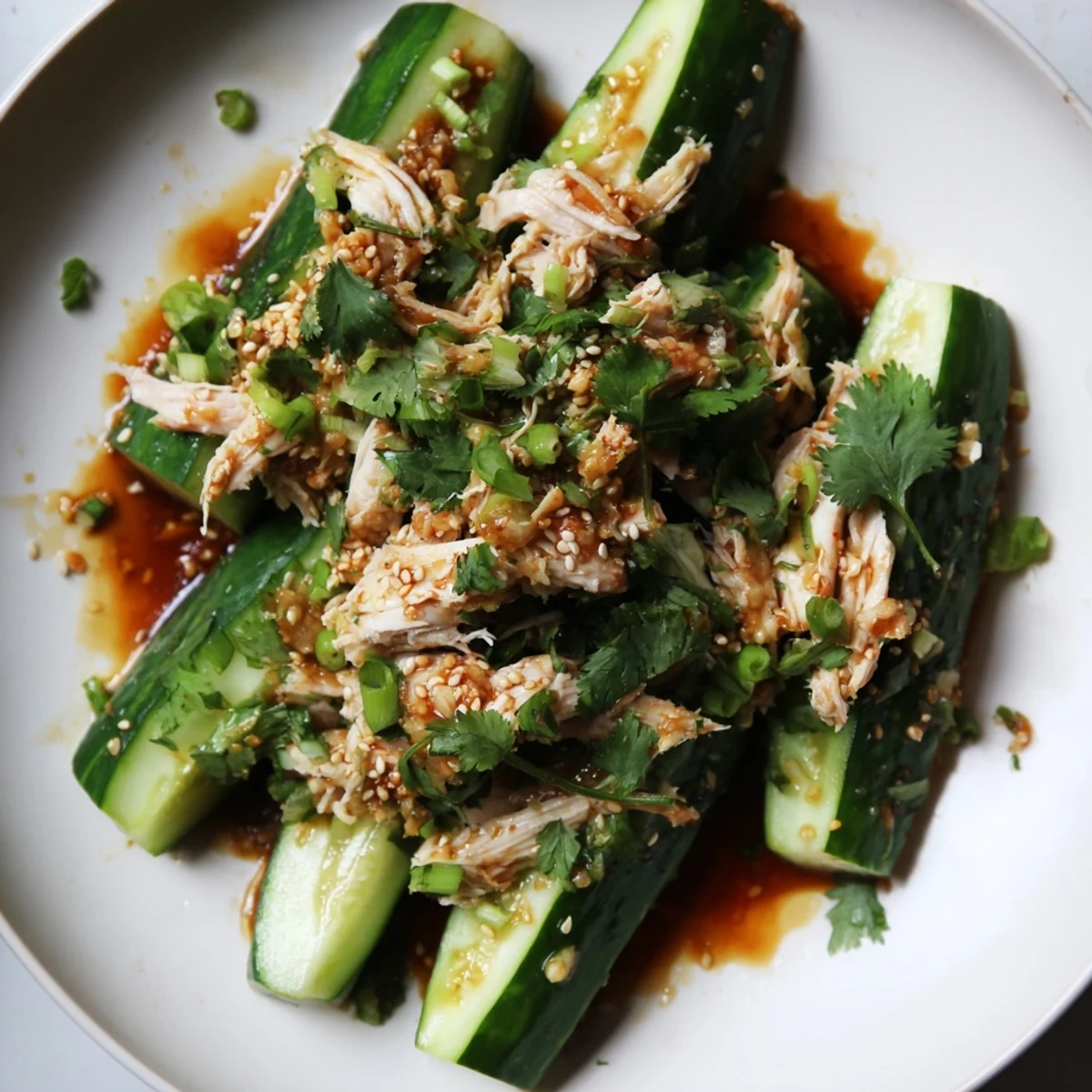 Whole Cucumber Logan Salad with shredded chicken, a vibrant and flavorful Asian-inspired salad.