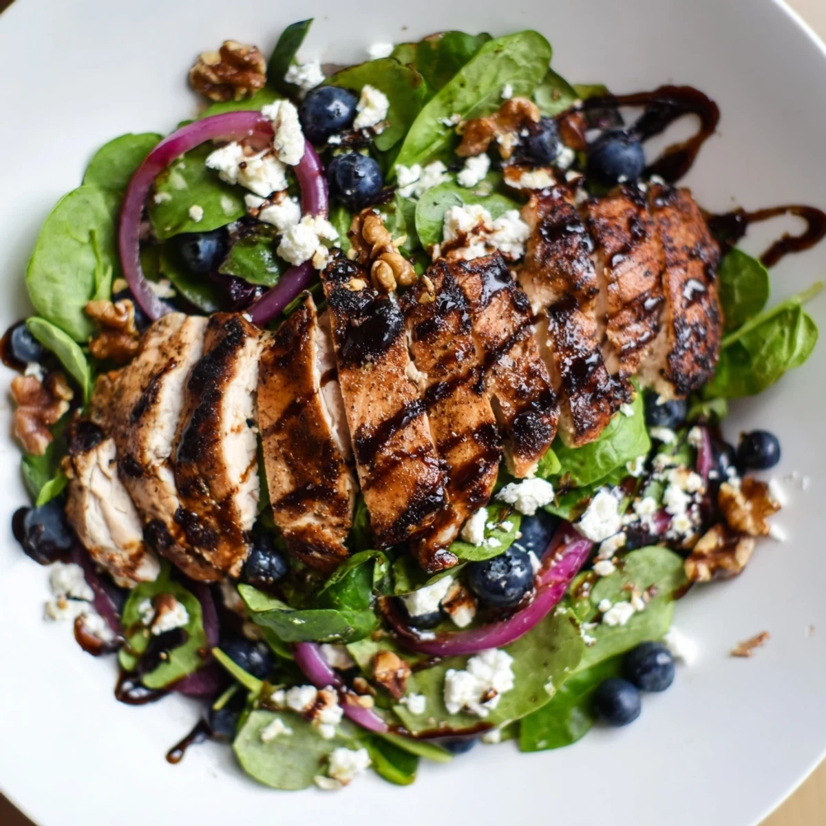 Fresh Blueberry Goat Cheese Chicken Salad: imagine vibrant greens topped with crumbled goat cheese and juicy blueberries.