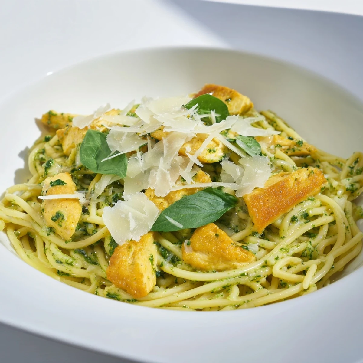 Imagine the satisfying flavors of pesto egg and chicken pasta with a sprinkle of fresh Parmesan.