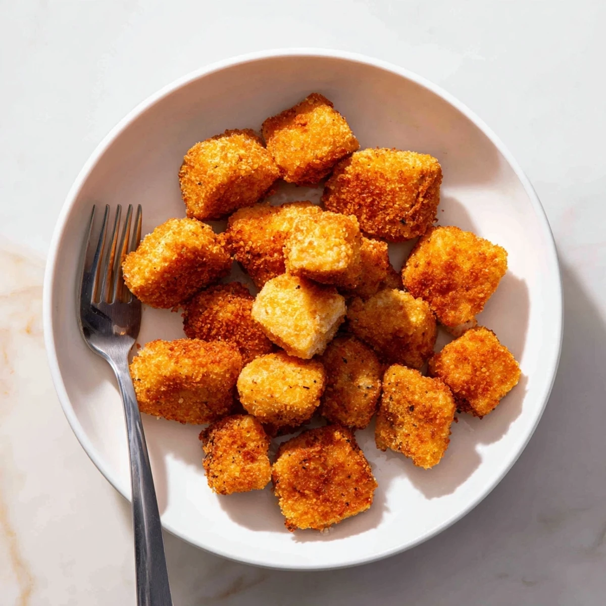 Golden air fryer un-fried chicken nuggets, perfectly crispy and ready for dipping sauces.