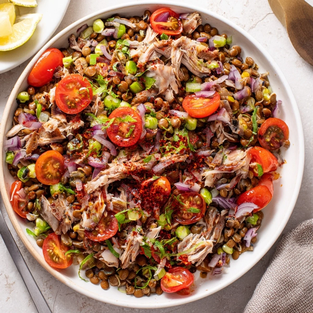 This Mediterranean-inspired Dense Chickpea and Tuna Salad is served, highlighting tuna's flakiness alongside chickpeas.