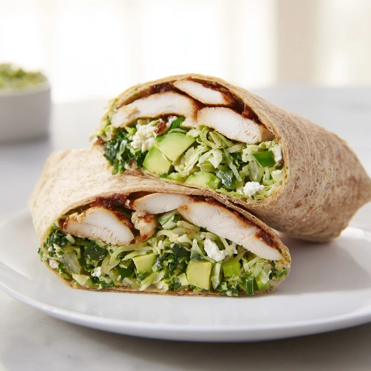 Close-up of fresh Green Goddess Chicken Wraps, vibrant filling spilling from whole wheat.