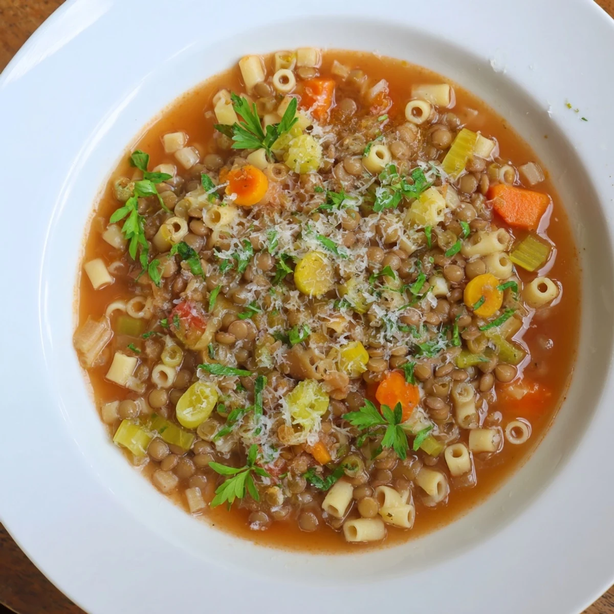 Steaming bowl of delicious ditalini and lentil soup, garnished with fresh parsley and Parmesan cheese.