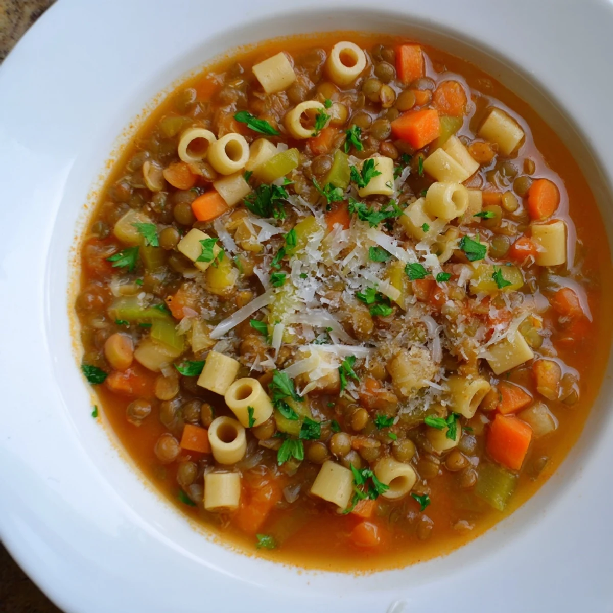 Close-up of a flavorful bowl of ditalini and lentil soup, showcasing the hearty lentils and pasta.