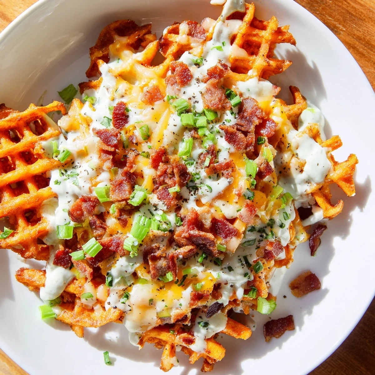 Golden-brown Loaded Sweet Potato Fries topped with melted cheddar cheese and crispy bacon, ready to eat.