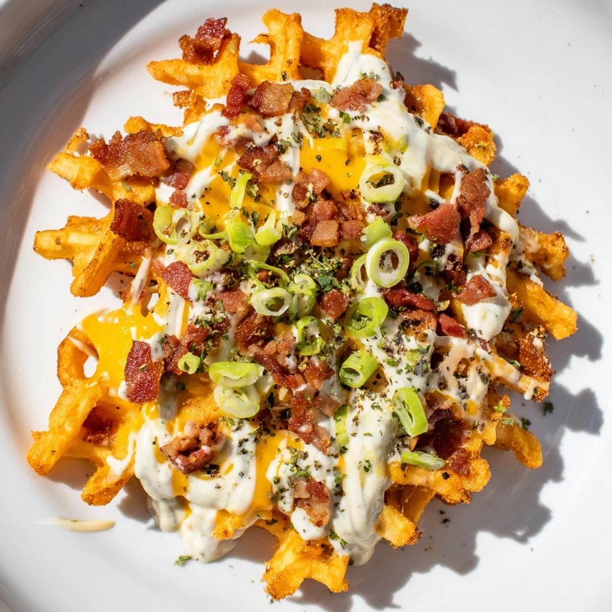 Cheesy, crispy Loaded Sweet Potato Fries, a perfect appetizer with ranch dressing and bacon crumbles.