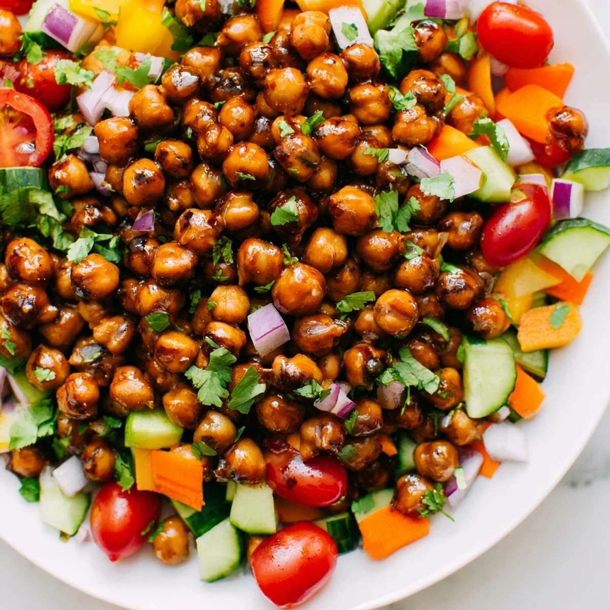 Vibrant BBQ chickpea salad loaded with fresh veggies, bursting with tangy flavor and ready to serve.
