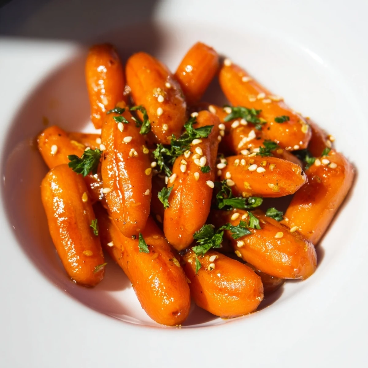 Vibrant Honey Soy Roasted Carrots glistening with a sweet glaze, a delightful vegetarian side.