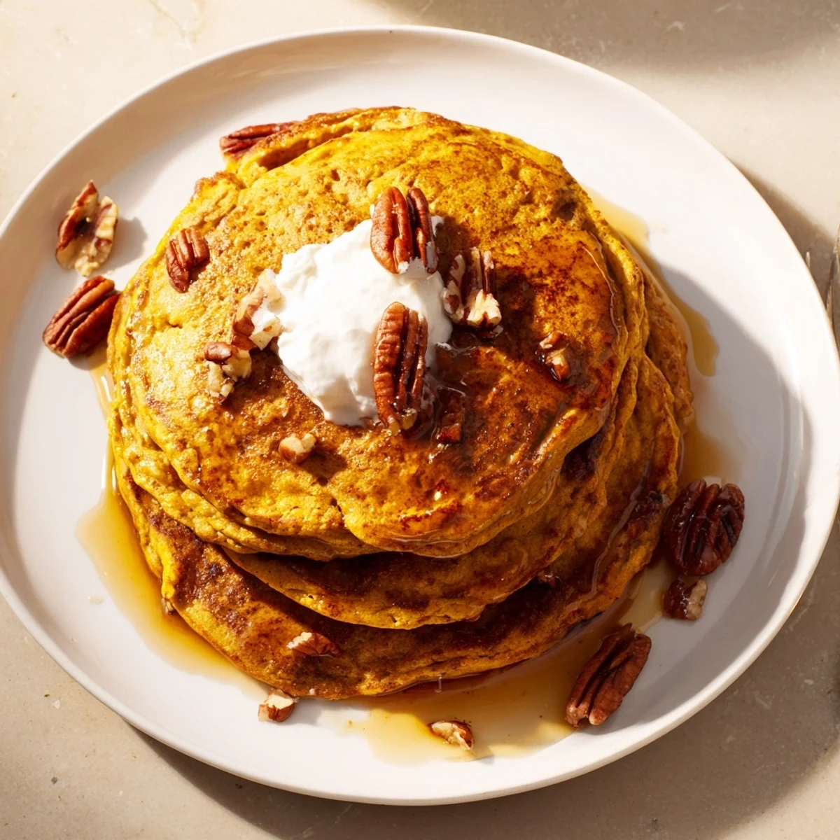 Golden-brown fluffy pumpkin spice pancakes stacked, ready to be drizzled with maple syrup.