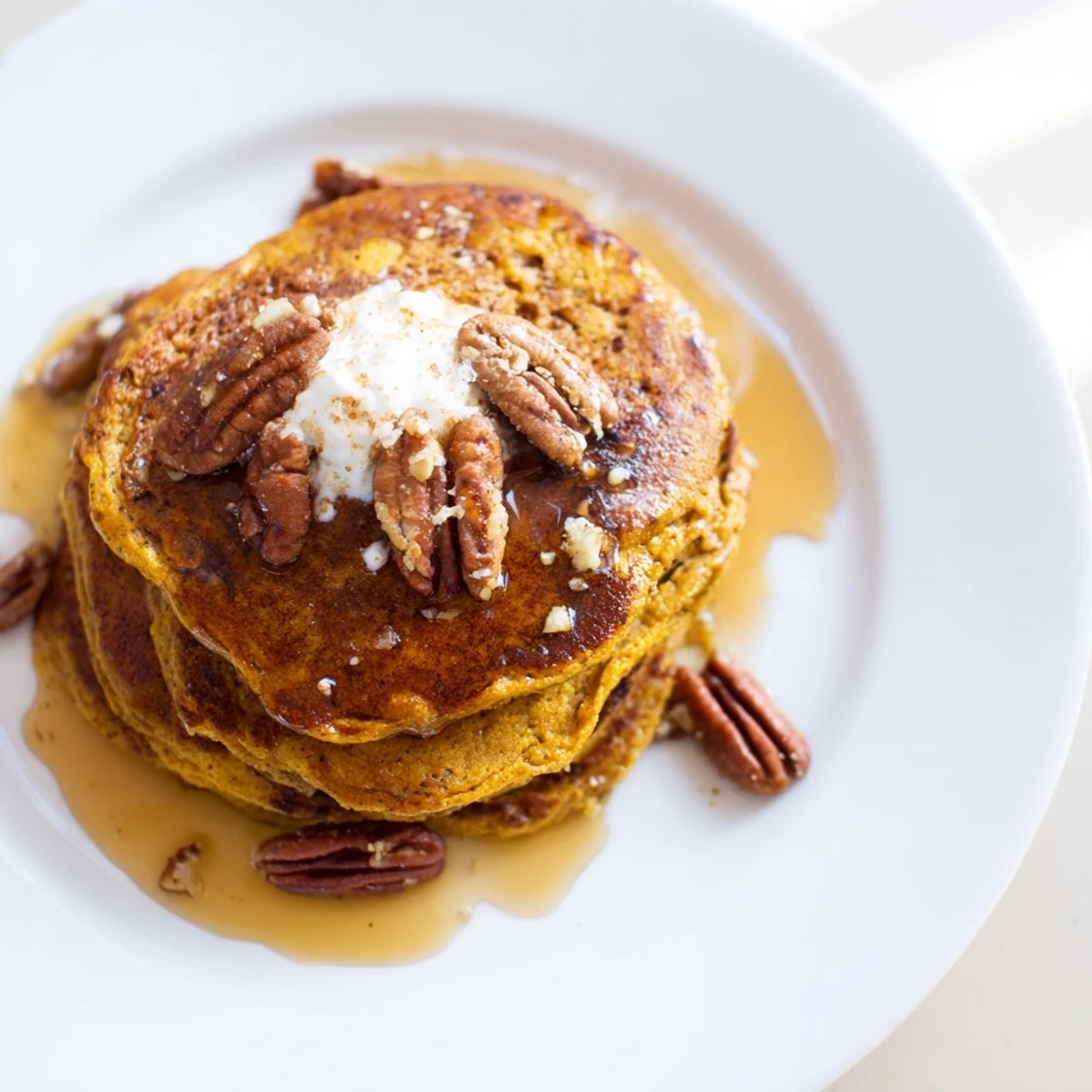 Warm and spiced fluffy pumpkin spice pancakes, cooked perfectly for a delicious breakfast treat.
