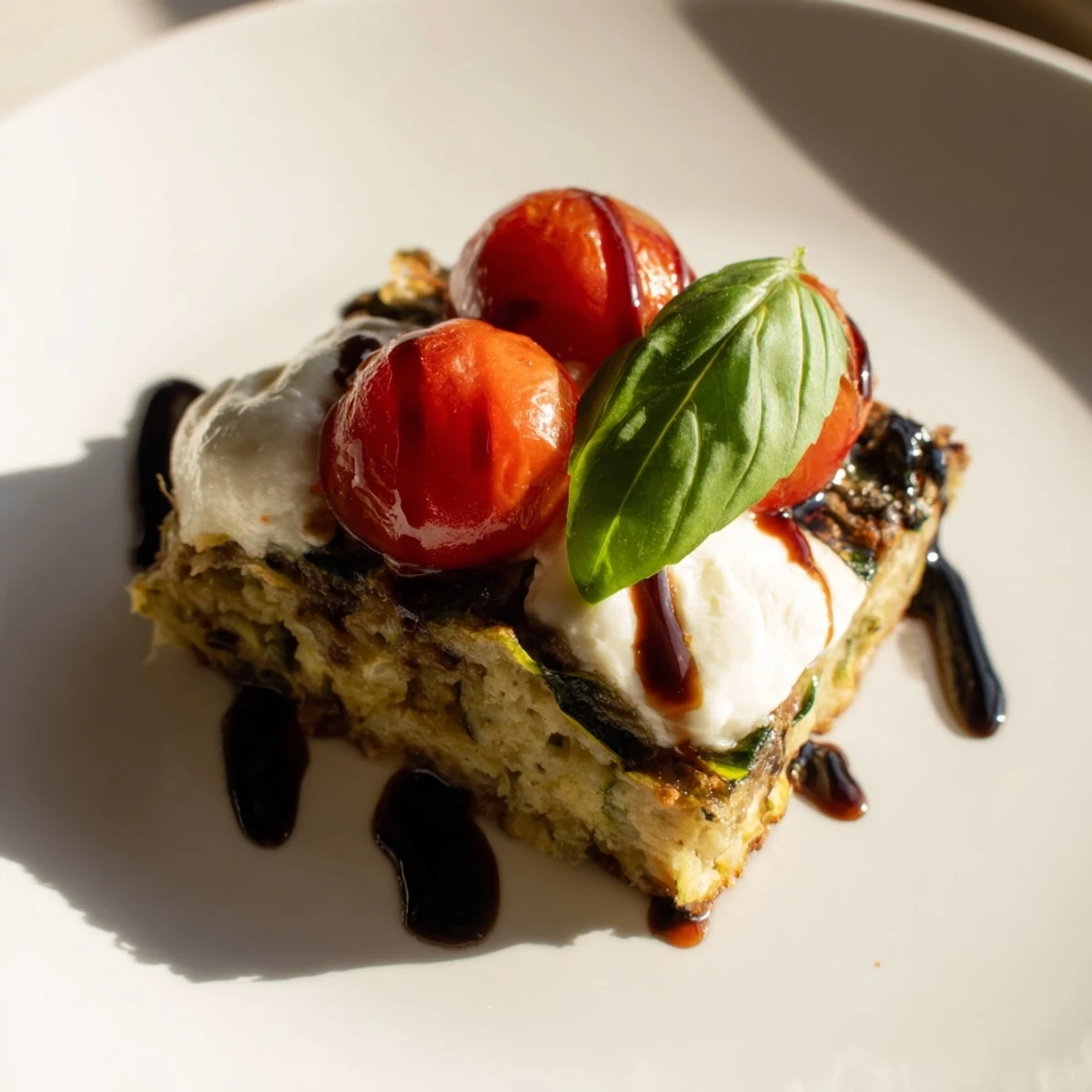 Golden-brown Zucchini Caprese Bites, featuring melted mozzarella, tomatoes, and basil on zucchini rounds.